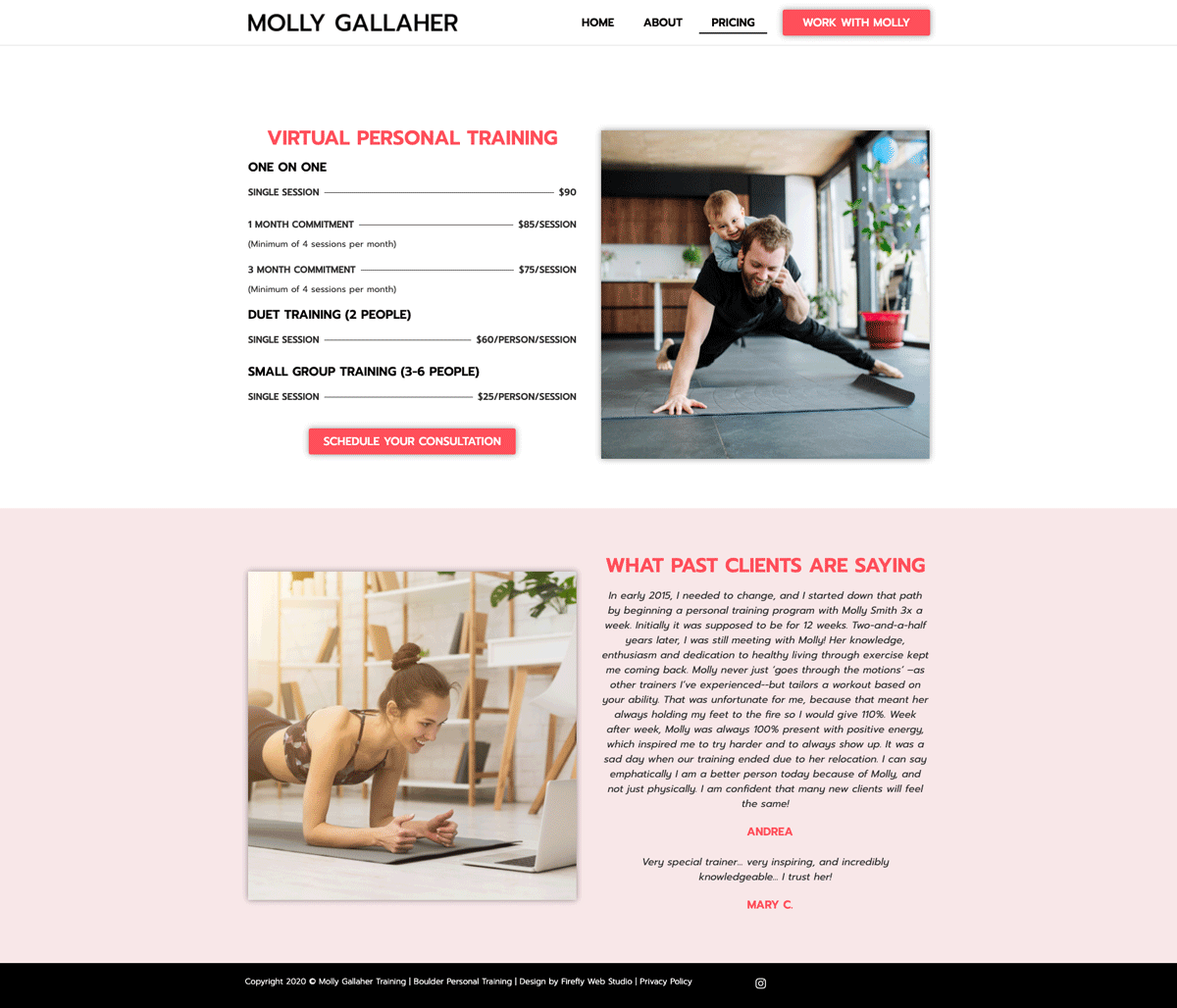 pricing page for personal trainer