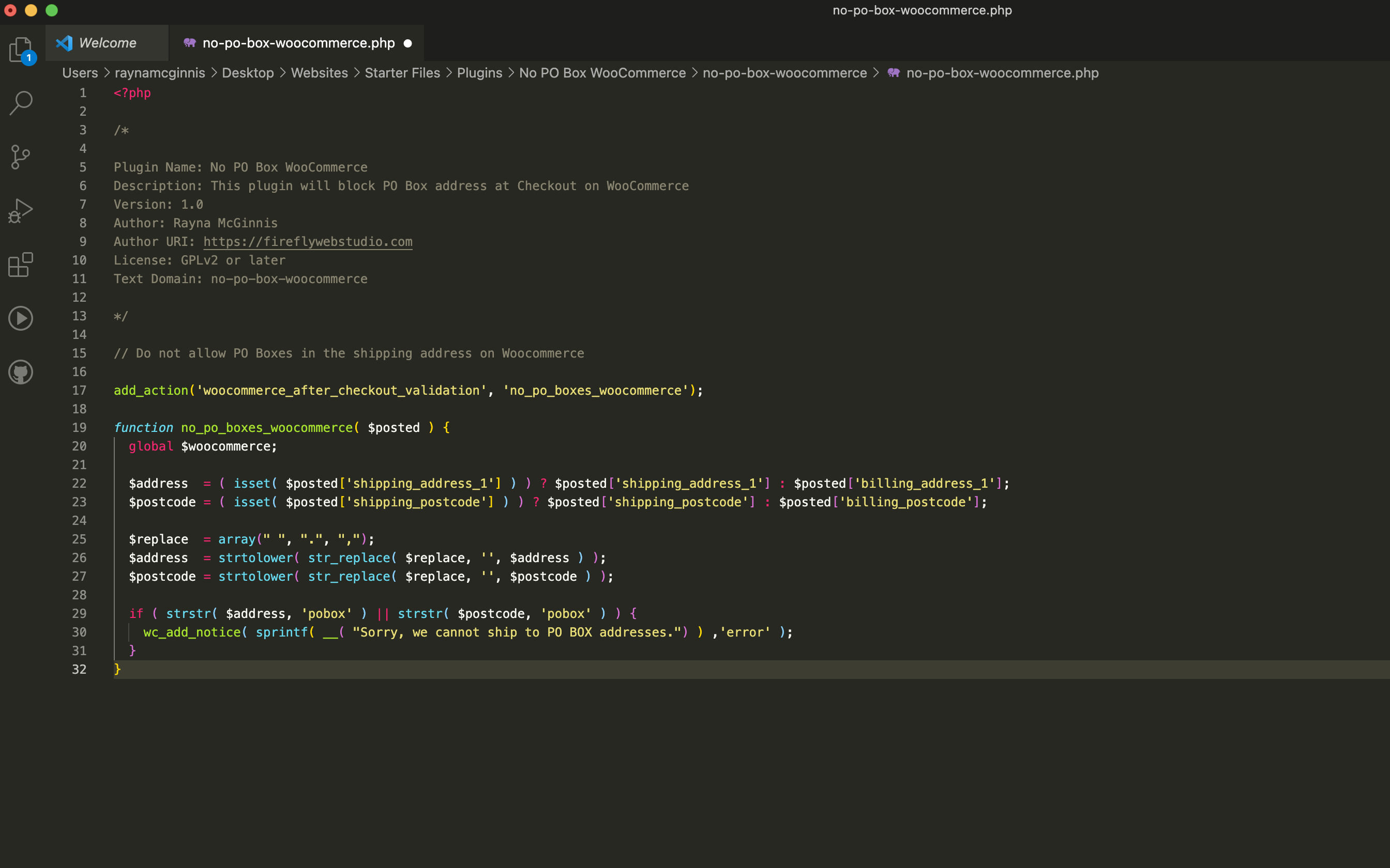screen shot of php code used to develop a custom wordpress pluin to stop the use of po boxes at shipping